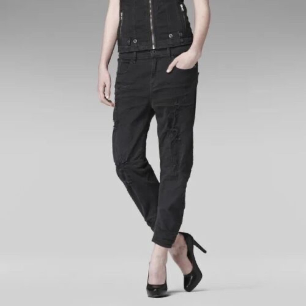 G-Star Raw Type C 3D Loose Tapered Womens Dark Black Distressed Cropped Jeans